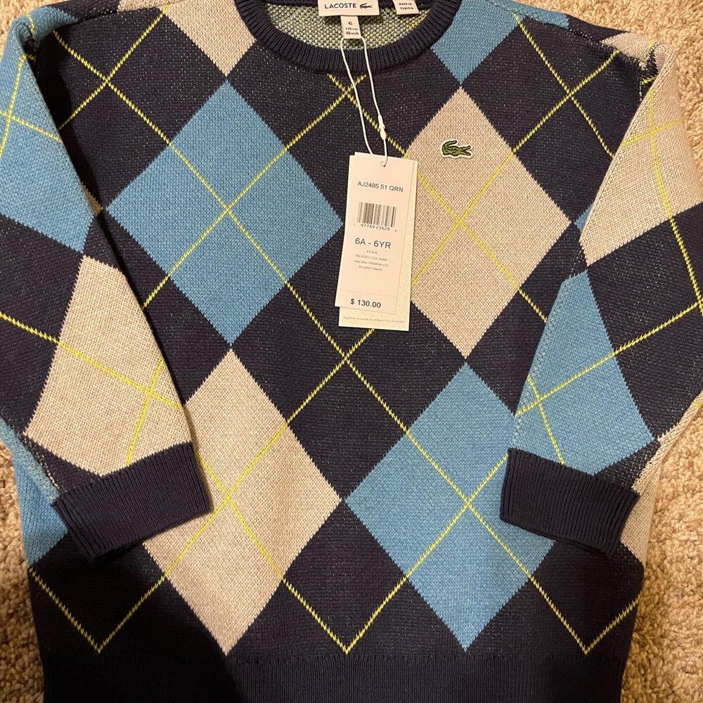 NEW! Lacoste Kid’s boy Argyle Crewneck Sweater - with tags size 6